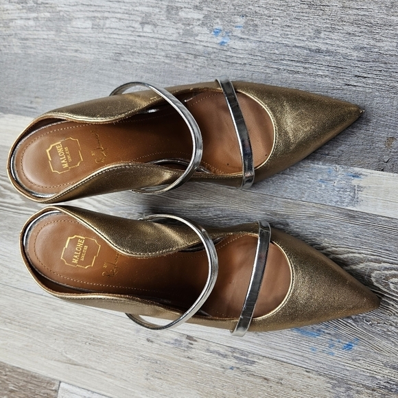 Malone Souliers Maureen 70 Gold Silver Leather Mule Heels Size 6.5